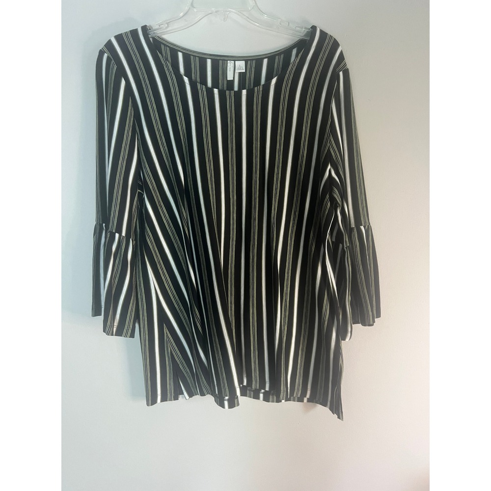 Est. 1946 Striped Bell Sleeve Top Black Olive Green White 3/4 Sleeve Large NWT